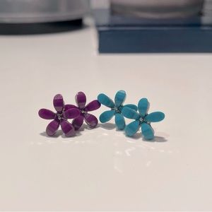 Two Pairs Flower Stud Earrings Purple/Teal